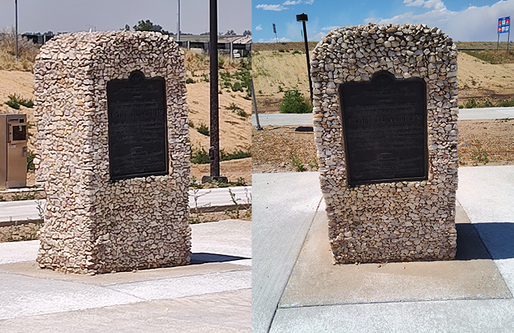 Two different views of the historical marker for Ft. Junction, Colorado.